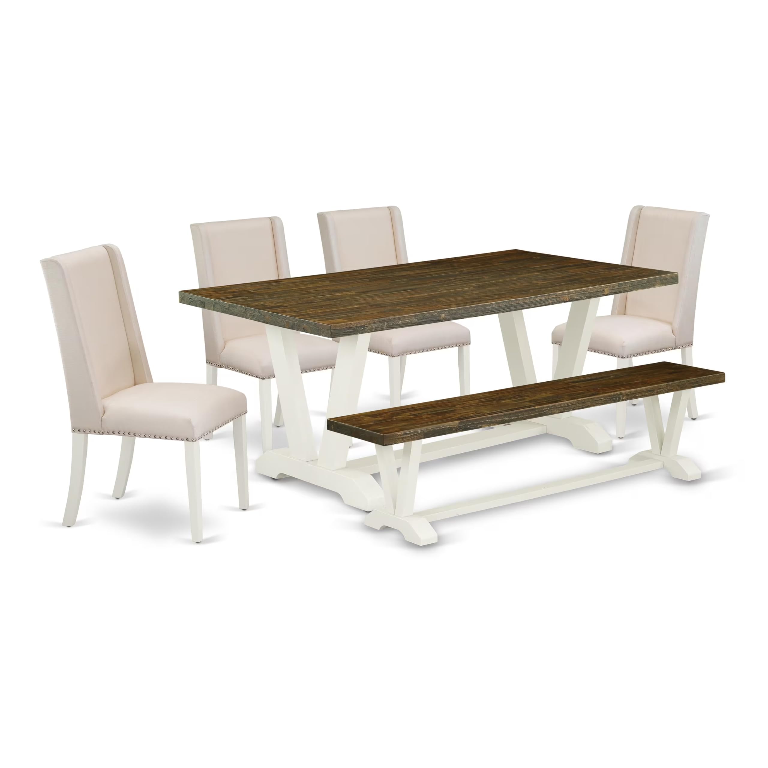 East West Furniture V077Fl201-6 6 Piece Kitchen Table Set Contains A Rectangle Dining Table With V-Legs And 4 Cream Linen Fabric Upholstered Chairs With A Bench, 40X72 Inch, Multi-Color